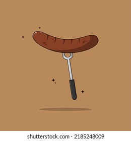 Grilled sausage on fork icon. Isolated flat color icon. Vector illustration. Meat products. Food ingredients