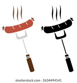 Grilled sausage on fork icon, flat style pictogram icon for ui or ux mobile app, vector illustration logo symbol design, isolated on white