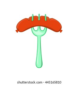 Grilled sausage on a fork icon in cartoon style on a white background