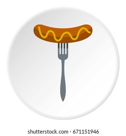 Grilled sausage on a fork icon in flat circle isolated vector illustration for web