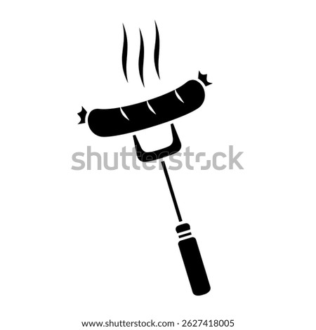 Grilled sausage on fork icon, flat style pictogram icon for ui or ux mobile app, vector illustration logo symbol design, isolated on white