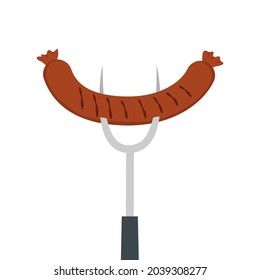 Grilled sausage on fork isolated on a white background. BBQ picnic, family party. Fast food concept. Vector illustration.