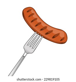 Grilled Sausage on Fork isolated on a white background. Fast food concept. Colored line art. Retro design. Vector illustration.