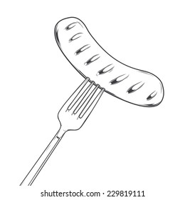 Grilled Sausage on Fork isolated on a white background. Fast food concept. Monochromatic line art. Retro design. Vector illustration.
