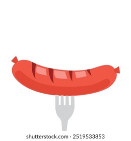 Grilled sausage on fork isolated on white background. Vector illustration