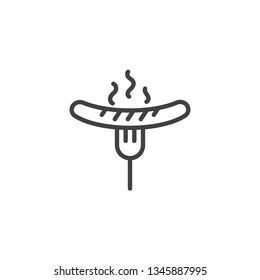 Grilled sausage on fork line icon. linear style sign for mobile concept and web design. Cooked hot dog on bbq fork outline vector icon. Symbol, logo illustration. Pixel perfect vector graphics