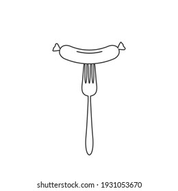 Grilled sausage on fork line icon. Hot sausage on fork isolated sign on white background. Vector illustration