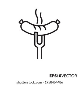 Salsicha grelhada no ícone de linha de garfo. Contorno do símbolo do churrasco e grelhar. Ilustração do vetor de alimento quente.