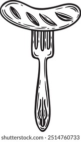 Grilled sausage on fork line drawing vector illustration.