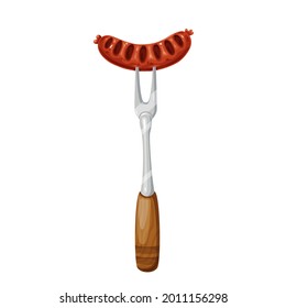 Grilled sausage on fork. Meal of beer festival Oktoberfest, bbq food. Vector illustration.