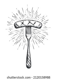 Grilled Sausage On Fork. Grilled Meat Hand Drawn Vector Sketch Illustration