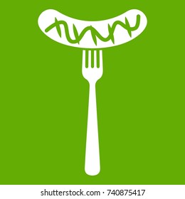 Grilled sausage on a fork mustard icon white isolated on green background. Vector illustration