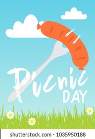 Grilled Sausage on a fork over landscape background. colorful flat design. vector illustration. Lettering quote Picnic day