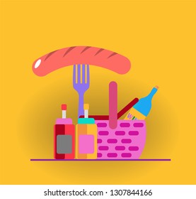 grilled sausage on a fork and the picnic basket vector icon