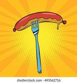 Grilled sausage on a fork, pop art retro vector illustration