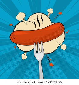 Grilled sausage on a fork, pop art retro comic style vector illustration on blue background