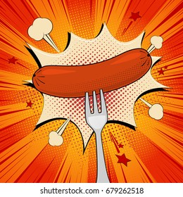 Grilled sausage on a fork, pop art retro comic style vector illustration on red background