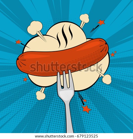 Grilled sausage on a fork, pop art retro comic style vector illustration on blue background