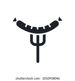 Grilled sausage on fork silhouette. Black isolated silhouettes. Fill solid icon. Modern glyph design. Vector illustration. Meat products. Food ingredients