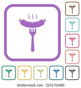 Grilled sausage on fork solid simple icons in color rounded square frames on white background