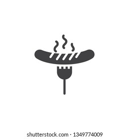 Grilled sausage on fork vector icon. filled flat sign for mobile concept and web design. Cooked hot dog on bbq fork glyph icon. Symbol, logo illustration. Pixel perfect vector graphics