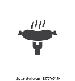 Grilled sausage on a fork vector icon. Frankfurter sausage filled flat sign for mobile concept and web design. Barbeque sausage glyph icon. Symbol, logo illustration. Pixel perfect vector graphics