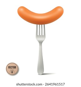 Grilled Sausage on Fork, Vector Illustration. Realistic Cooked Sausage with Grill Cuts for BBQ Menu, Picnic Food, Meat Product Design, Restaurant Icon, Butcher Branding, Culinary Concept, Packaging