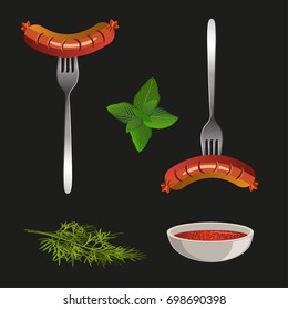 Grilled sausage on a fork. Vector illustration