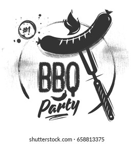 Grilled sausage on the grid. Barbecue chalk poster with lettering on white vintage background