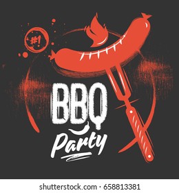 Grilled sausage on the grid. Barbecue chalk poster with lettering on black vintage background