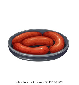 Grilled sausage on pan. Traditional food of beer festival Oktoberfest, bbq meal. Vector illustration.