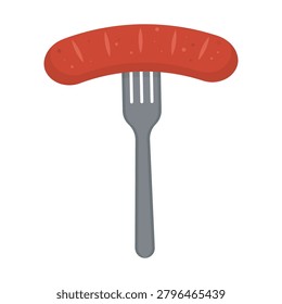 Grilled Sausage on Silver Fork, Flat Vector Illustration of Barbecue Hot Dog with Grill Marks