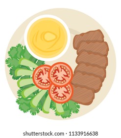 
Grilled sausage pieces along with spicy yellow dipping, icon for grilled sausage dipping
