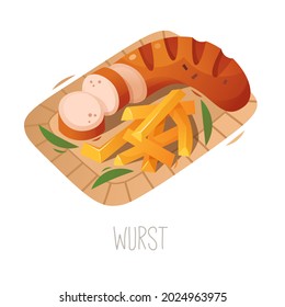 Grilled sausage and a pile of french fries with seasoning on a carton plate. Traditional german street food. Isolated vector image