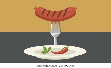 Grilled sausage pricked with a metal fork over a white plate with a red chili pepper on a simple divided background.