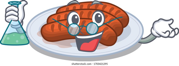 Grilled sausage smart Professor Cartoon design style working with glass tube