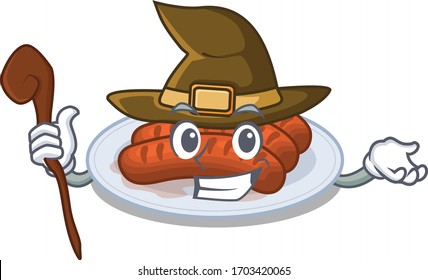 Grilled sausage sneaky and tricky witch cartoon character