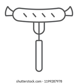 Grilled sausage thin line icon, barbecue and food, sausage on fork sign, vector graphics, a linear pattern on a white background, eps 10.