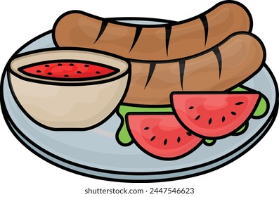 grilled sausage, tomato and sauce on plate Concept, American English Platter vector icon design, European breakfast symbol, Americans Morning Meal Sign, Restaurant cafe menu stock illustration