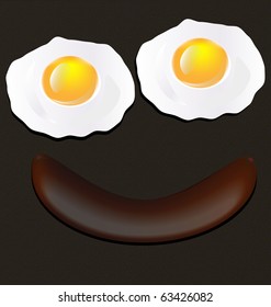 grilled sausage, two fried eggs and together smiling face