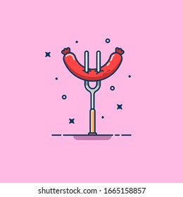 Grilled sausage vector illustration. Fast food icon. Fork. For sticker, web line page, wallpaper and more.