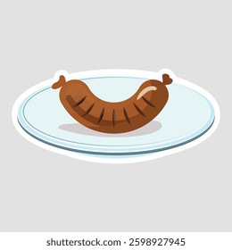 Grilled Sausage Vector Illustration Sticker. A delicious vector sticker of a grilled sausage on a plate, perfect for BBQ, restaurant menus, food packaging, and culinary-themed designs