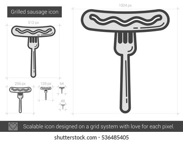 gegrillte Wurst, Vektorsymbol einzeln auf weißem Hintergrund. Gitterwurst-Symbol für Infografik, Website oder App. Skalierbares Symbol, das auf einem Gittersystem entworfen wurde.