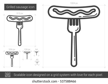 Grilled sausage vector line icon isolated on white background. Grilled sausage line icon for infographic, website or app. Scalable icon designed on a grid system.
