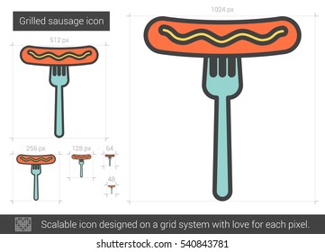 gegrillte Wurst, Vektorsymbol einzeln auf weißem Hintergrund. Gitterwurst-Symbol für Infografik, Website oder App. Skalierbares Symbol, das auf einem Gittersystem entworfen wurde.