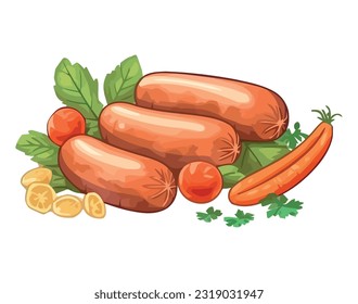 Grilled sausage and vegetables icon isolated