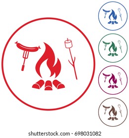 Grilled sausage and zephyr icon. Vector illustration. Roasting hot dogs and marshmallows over a campfire.



