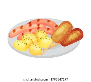Grilled Sausages and Baked Potato Rested on Plate as Festive Food for Oktoberfest Celebration Vector Illustration