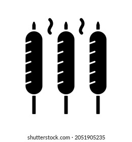 Grilled Sausages Black Glyph Icon. Summer Side Dishes. Meat Product For Barbecue. Frying. Sear-roasting On Grill. Outdoor Picnic. Silhouette Symbol On White Space. Vector Isolated Illustration