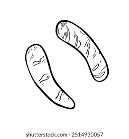 Grilled sausages, bratwursts black white contour vector illustration isolated. Fried food barbecue sausage silhouette hand drawn by ink for design beer festival, banner, menu, packaging, BBQ party.